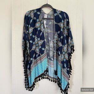NWT Dress Barn Shawl Cape Women's One Size Boho Blue Paisley Tassels Hippie